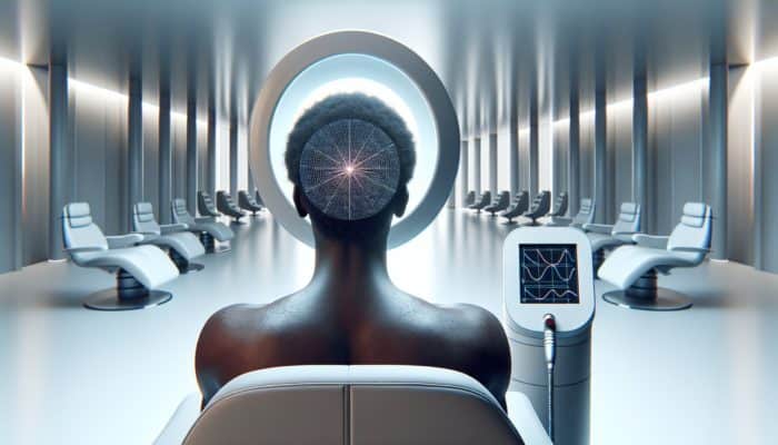 Person using low-level laser therapy device on scalp in modern, minimalist clinic, surrounded by healthy hair.