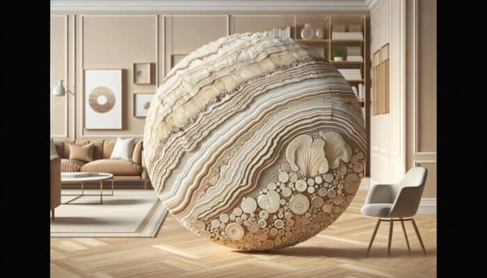 Cleaning Stained Limestone Floors: Cross-section of limestone with sedimentary layers and marine fossils, in a warm home interior featuring limestone flooring.