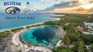 Aerial view of the Great Blue Hole near the coast with people enjoying the water, surrounded by greenery. Text on image reads "BELIZEAN GREAT BLUE HOLE" with illustrated map, sun, clouds, an airplane—perfect for your Belize travel adventures.