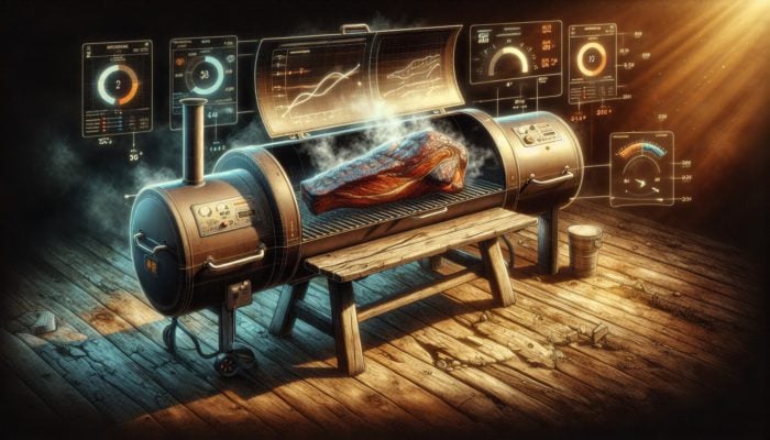 A smoker producing a steady stream of smoke while cooking a large brisket, with consistent temperature gauges displayed on a rustic table illuminated by warm light.