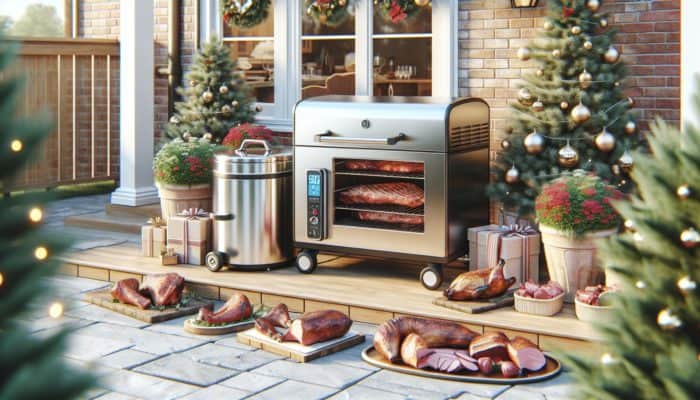 Electric smoker featuring a digital thermostat on a patio, surrounded by festive decorations and meat, showcasing energy efficiency.