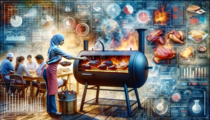 A pitmaster adjusts vents on a charcoal smoker, managing heat zones for various meats in a smoky atmosphere.