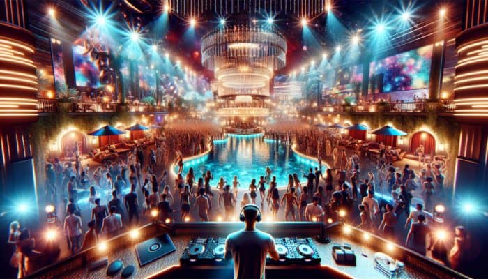A busy dance floor at XS Nightclub in Las Vegas adorned with dazzling lights, featuring an outdoor pool and a DJ.