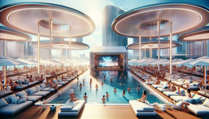 Luxurious pool party featuring stylish cabanas, lounge chairs, TVs, and bottle service amidst a vibrant, exclusive atmosphere.