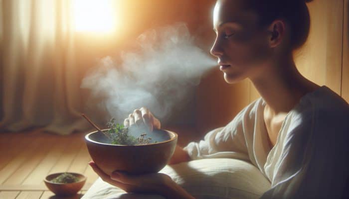 Individual inhaling steam from a bowl infused with eucalyptus and peppermint amidst warm mist, enhancing respiratory health.