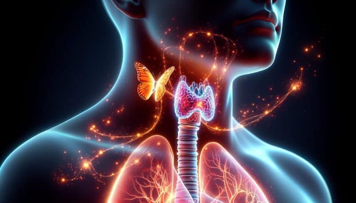 Butterfly-shaped thyroid gland in neck, glowing, releasing T3 and T4 hormones, impacting body's cells.