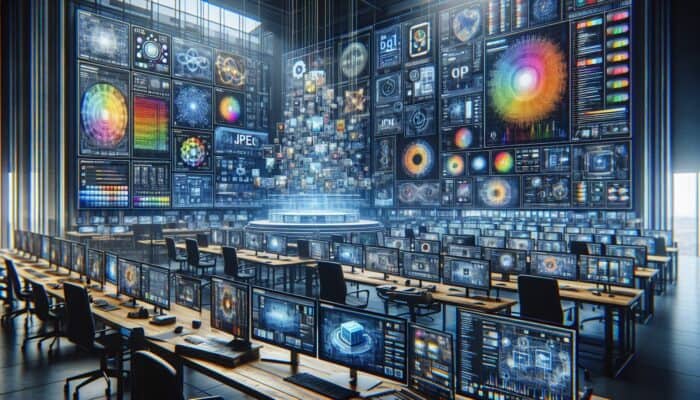 A digital artist's workspace showcasing a comparison between JPEG, PNG, and GIF formats on screens with quality and speed graphs.