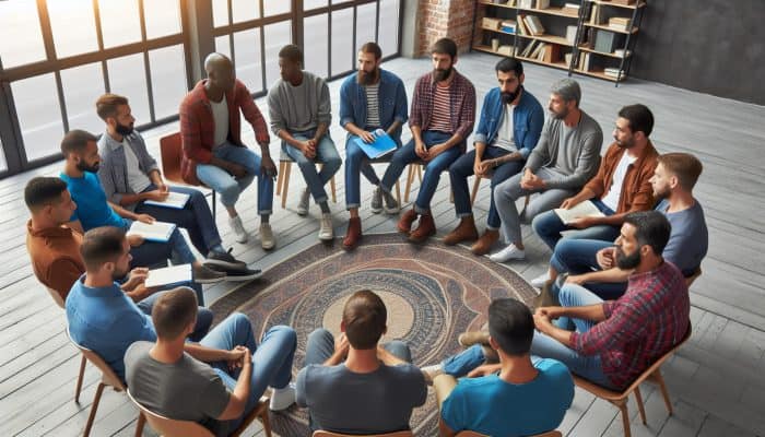 A group of men in a Manchester community centre discussing mental health and sharing experiences.