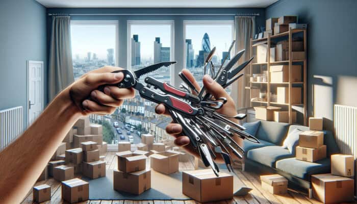 Hand Tools for Streamlined House Clearance Projects: A person effectively using a multi-tool to clear a cluttered London apartment.