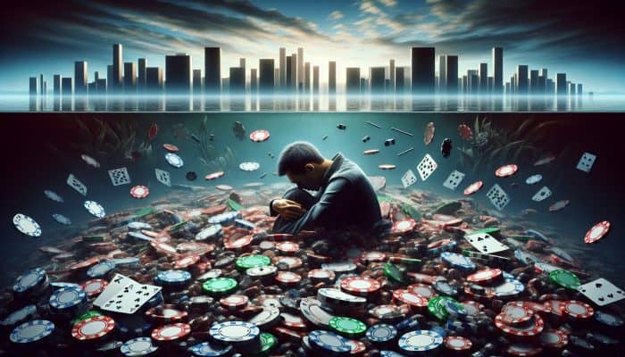 Debt Consolidation for Gambling Debts: A UK Guide | DCL Debt Consolidation for Gambling Debts: A distressed person amidst gambling items, with a shadowy cityscape background, symbolising UK gambling addiction and debt.