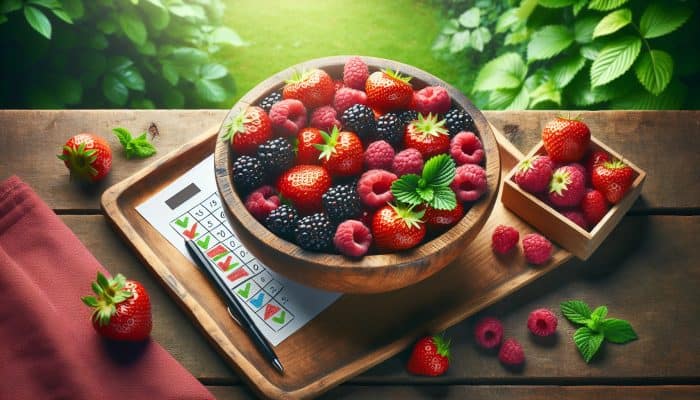 UK-grown strawberries, raspberries, and blackberries in a rustic wooden bowl, symbolizing health and wellness.