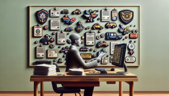 A person checking the car rental company's licensing and insurance on a computer, with official documents displayed on the wall.