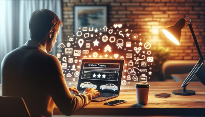 Individual reviewing car rental company ratings on a laptop in a comfortable home office with a cup of coffee.