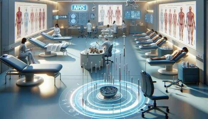 Future of Acupuncture in Healthcare: A serene NHS clinic with patients receiving acupuncture for pain management, blending modern and traditional elements.