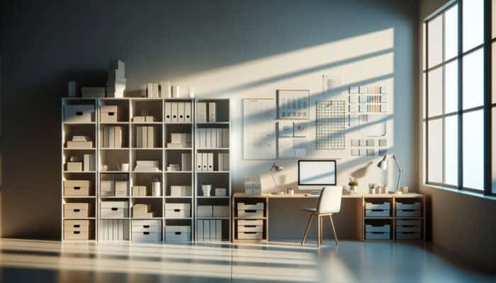 A minimalist workspace with organized shelves, labeled boxes, and colour-coded folders in natural light.