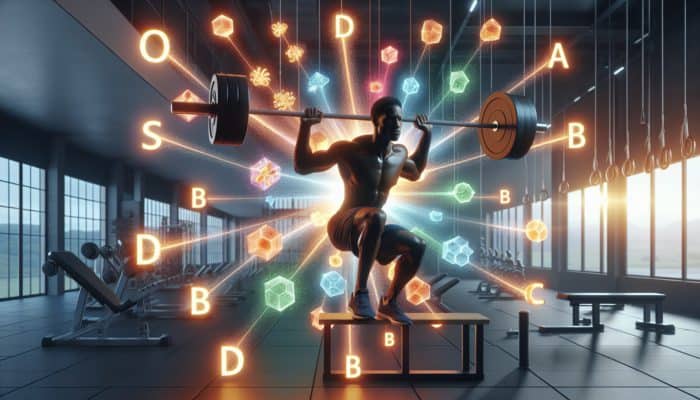 A person lifting weights with glowing vitamins D, B, and C around, symbolising muscle recovery.