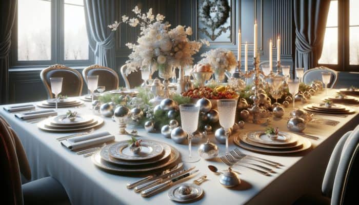 Exquisite holiday table setting with elegant china and chic cutlery, enhancing the visual appeal of gourmet meals.