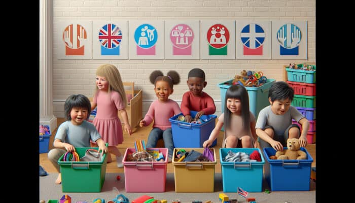 Clearing a UK Home with Kids Greenly: Children sorting toys and clothes into colourful bins for a family donation day, with UK charity logos.