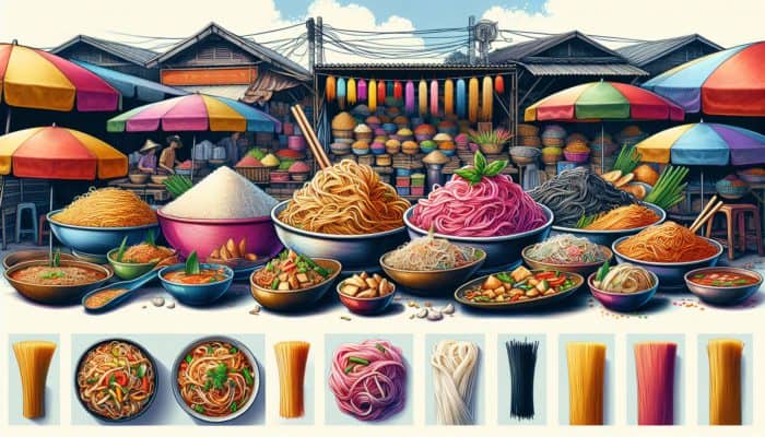 Best Thai Noodle Recipes for Beginners: Assortment of colourful Thai noodles and traditional dishes at a market stall.