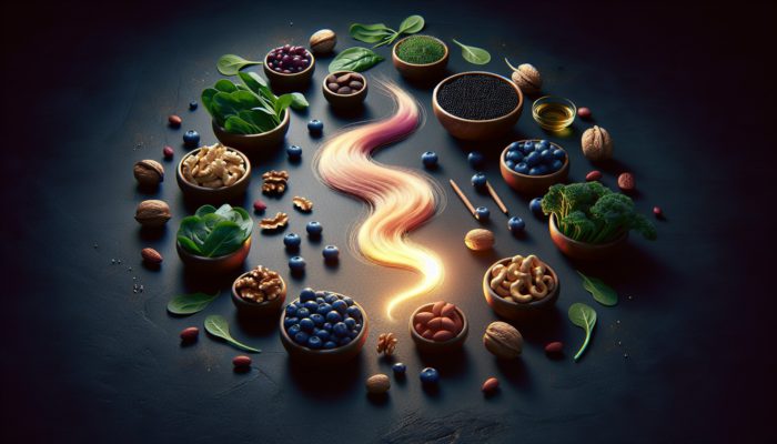 A still life of blueberries, nuts, and leafy greens like spinach and kale around a glowing hair strand, symbolising hair health.