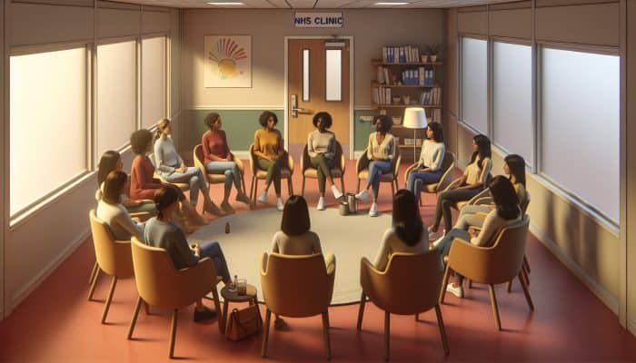 A diverse group of women in CBT sessions at an NHS clinic, symbolising accessible mental health support.