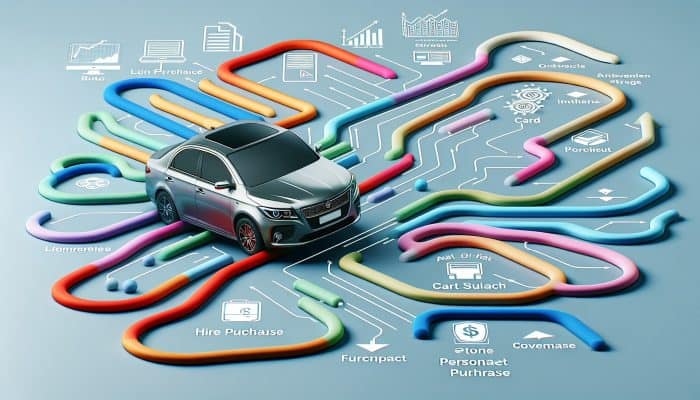Debt Consolidation for Auto Loan Debt: A Comprehensive Guide | DCL Debt Consolidation for Auto Loan Debt: Diverse auto loan options like hire purchase and PCP shown as colorful paths to car ownership.
