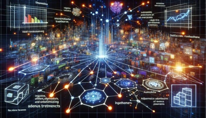 Using Programmatic Ads for Enhanced Hosting Efficiency: A futuristic digital marketplace with nodes for real-time ad transactions and graphs showing revenue growth.