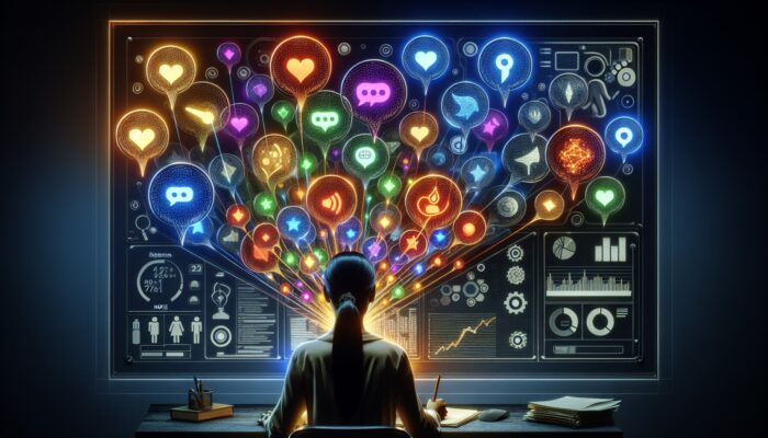 A person scrutinising user feedback bubbles on a digital interface, distinguishing valuable insights from irrelevant noise.