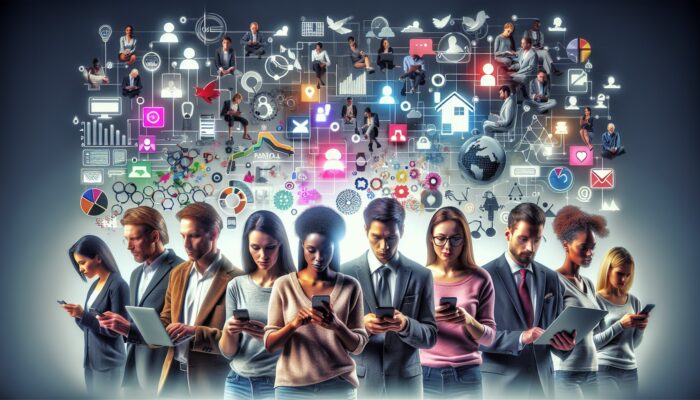 A diverse group analysing rental service feedback from various websites and social media, using devices and viewing data visualisations.