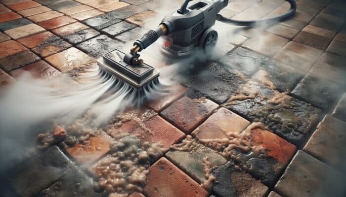 Steam cleaning machine removing dirt from quarry tiles, revealing their natural colours and textures.