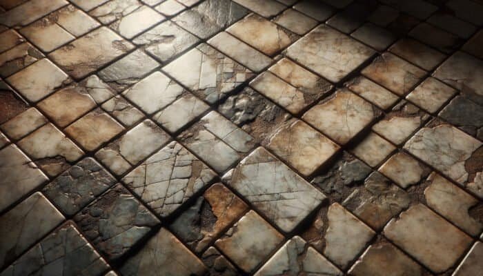 Worn quarry tiles showing dullness, discolouration, cracks, and stains caused by steam cleaning on an old kitchen floor.