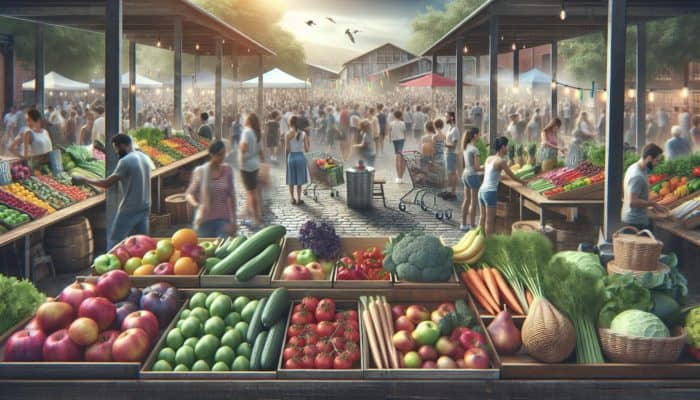 A vibrant farmers' market with fresh produce and a community BBQ minimising food waste.