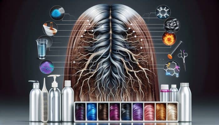 Damaged colour-treated hair strands with signs of brittleness and breakage, surrounded by dye bottles, heat tools, and UV/pollution symbols.