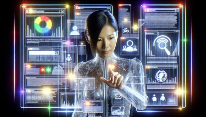 Futuristic SEO analyst analysing holographic SERP features, including snippets, panels, and ads, with data visualisations.