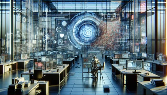 AI in futuristic lab analysing SERP data, showcasing biases in graphs and struggling with human emotions and cultural contexts.