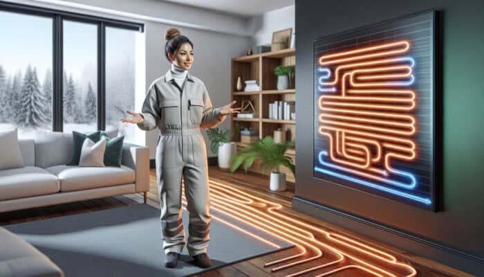 A warm living space featuring a modern hydronic radiant floor heating system, with a professional discussing the advantages in Langley.
