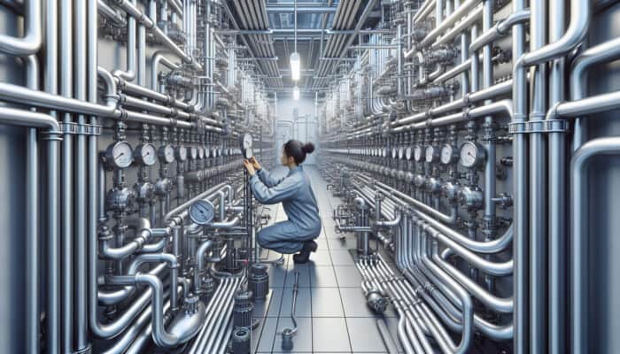 A technician inspecting the pressure gauge on a hydronic heating system in a meticulously maintained boiler room.