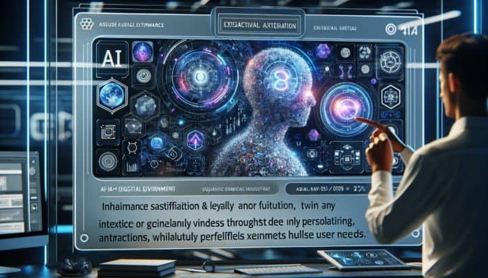 An AI interface in a futuristic digital environment enhancing user satisfaction and loyalty through personalised interactions.