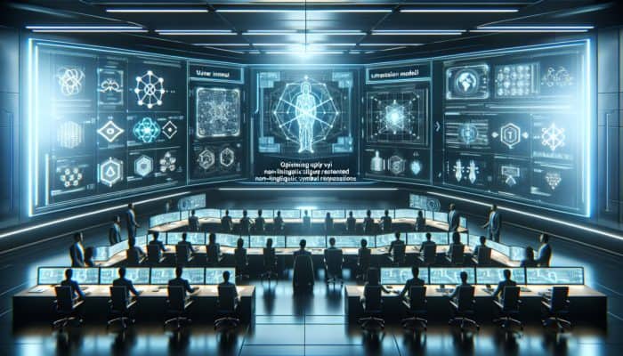 A futuristic control room with experts analysing AI algorithms and optimising holographic user intent models.