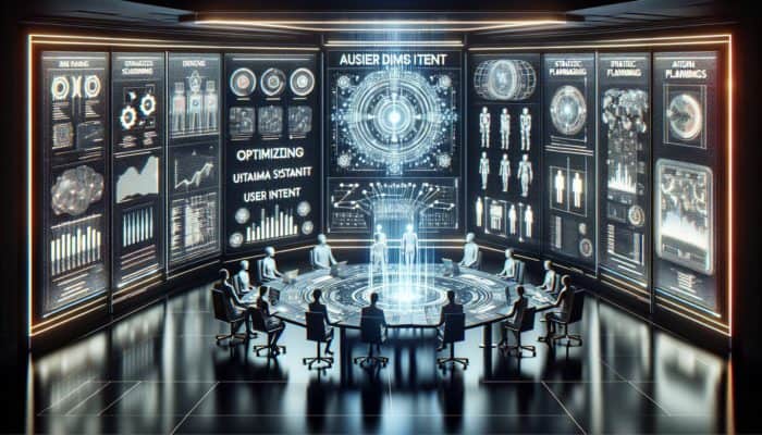 A futuristic control room with AI systems optimising user intent, data streams, and tech specialists collaborating.