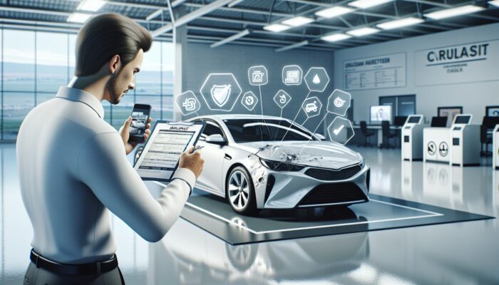 Individual inspecting rental car, documenting damages, with insurance documents and checklist at modern facility.