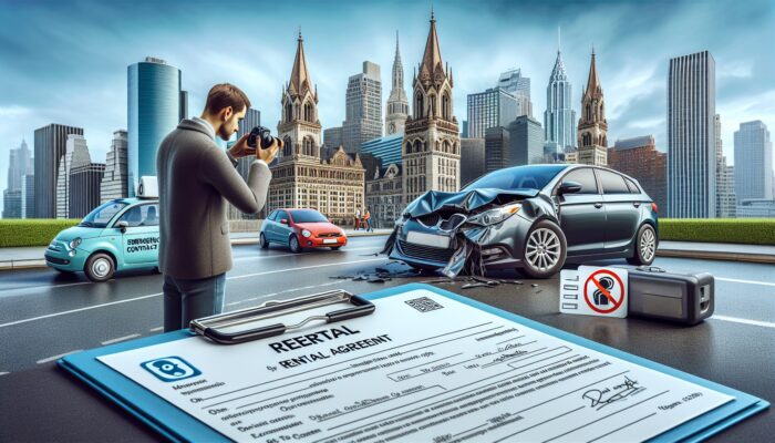 Individual documenting damaged rental car with agreement and emergency contacts in an international city.