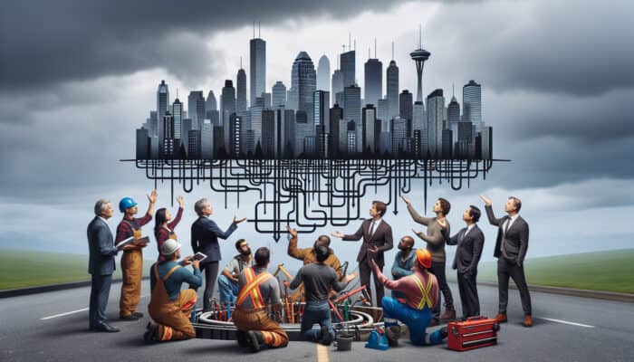 Team of drainage repair specialists in Vancouver strategising with a city map under a cloudy sky.