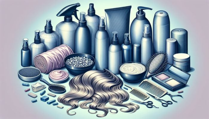 Visual representation of hair repair products and techniques on a cool-toned background.