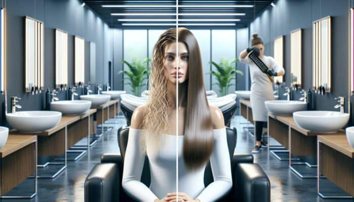 Woman receiving deep conditioning treatment in salon, showcasing hair transformation from dull to vibrant.