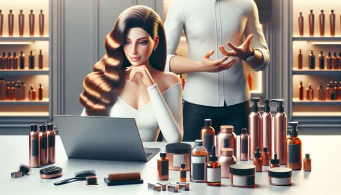 Person with healthy hair using a laptop to view hair care blogs and tutorials, with stylist and products in salon.