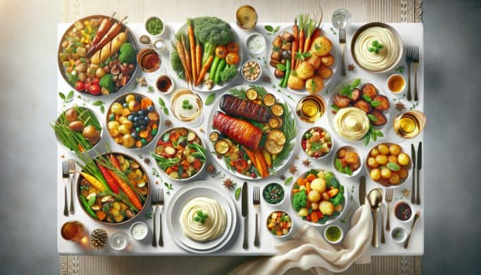 A festive table featuring dishes showcasing contrasting flavours and textures: sweet vegetables, savoury meats, creamy potatoes, crispy carrots, warm and cool options.