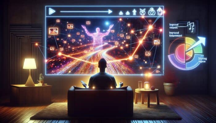 A viewer engaged with a playlist on a screen, showcasing graphs indicating increased retention, in a cozy room.