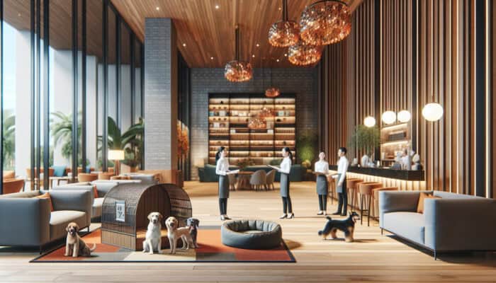 A welcoming hotel lobby with a pet-friendly area, including a pet spa and dog beds, with staff engaging guests and their pets.