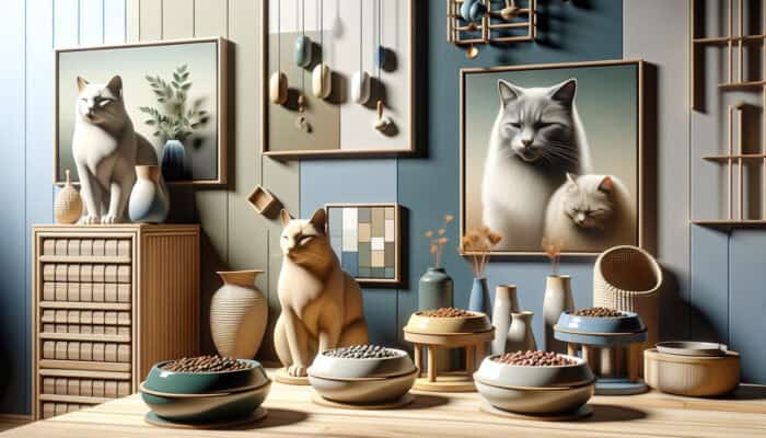 Cozy home with multiple distinct cat feeding stations, each with unique bowls, promoting peace.